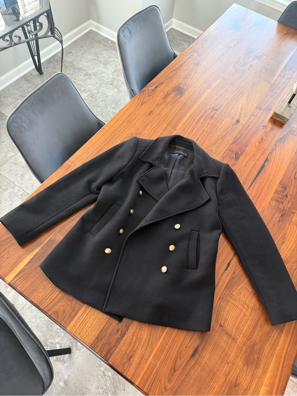 Zara Black Double-Breasted Pea Coat with Gold Buttons